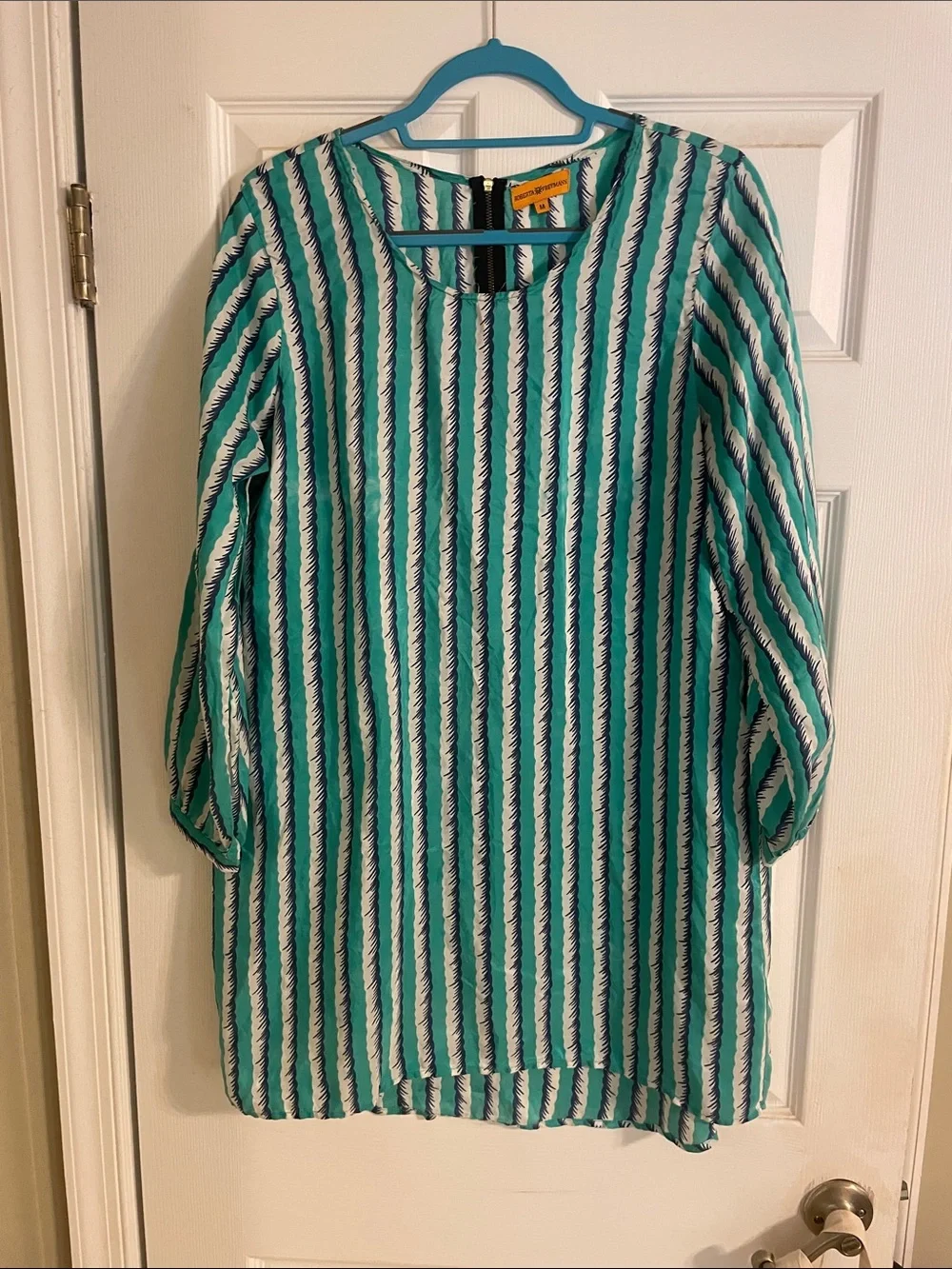 Striped Teal and White Long-Sleeve light 💯 silk Dress